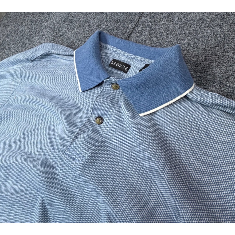 VTG George Mens Size Large Blue Textured Short Sleeve Polo Shirt Contrast Collar